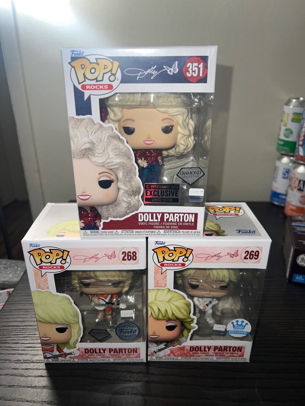 3 VAULTED EXC Dolly Parton Funko Pops Rocks GLITTER #268 #269 LE #351 Country